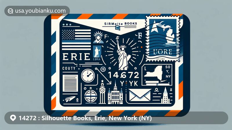 Modern illustration of Silhouette Books, Erie, New York (NY), highlighting postal theme with ZIP code 14272, featuring New York state symbols, Statue of Liberty, Erie County outline, and literary elements.