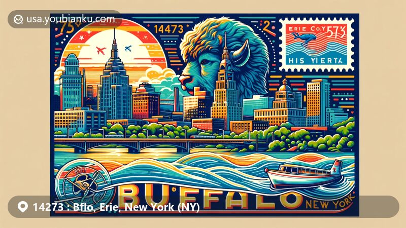 Modern illustration of Buffalo, Erie County, New York, depicting postal theme with ZIP code 14273, incorporating iconic landmarks and cultural symbols, presented in a bright and colorful style.