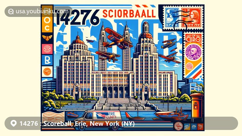 Modern illustration showcasing the rich history and architectural beauty of Scoreball, Erie County, New York, featuring Buffalo City Hall, Blessed Trinity Roman Catholic Church, and the Erie Canal, with vintage postal elements like stamps and postmarks.