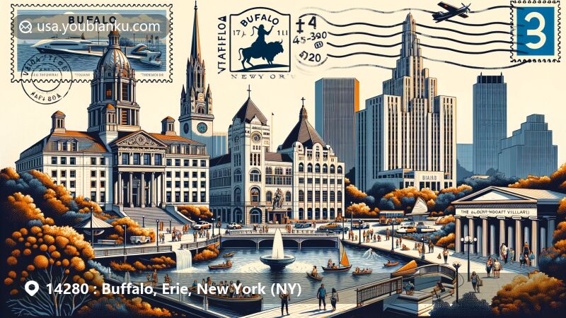 Modern illustration of Buffalo, Erie County, New York, showcasing iconic landmarks like Old County Hall, St. Paul's Episcopal Cathedral, McKinley Monument, Theodore Roosevelt Inaugural National Historic Site, Shea's Buffalo Theatre, and Albright-Knox Art Gallery, along with scenes of Canalside and Elmwood Village.