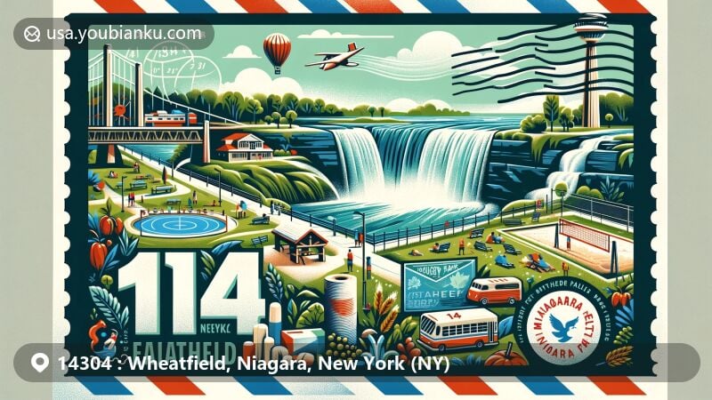 Modern illustration of Wheatfield and Niagara Falls, New York, combining Oppenheim Park with Niagara Falls' iconic waterfall, featuring a vibrant park scene and postal elements representing the ZIP code 14304.