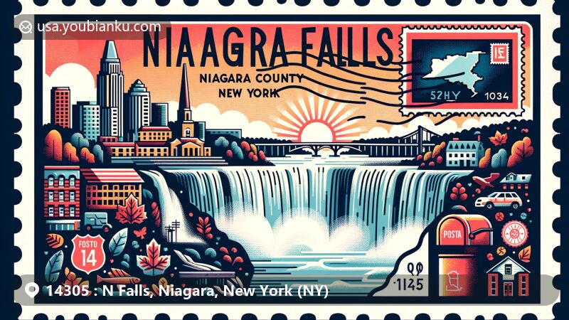 Modern illustration of Niagara Falls area with zipcode 14305, featuring iconic landscape and New York State elements, showcasing postal theme with stamp, postmark, and mailbox.