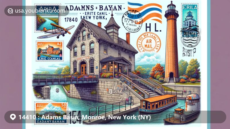 Modern illustration of Adams Basin, Monroe County, New York, featuring Adams-Ryan House, Adams Basin Lift Bridge, and postal elements with ZIP code 14410, celebrating the area's canal history and postal heritage.
