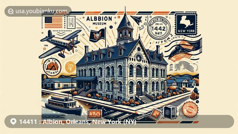 Modern illustration of Cobblestone Museum in Albion, NY, featuring postal theme with ZIP code 14411, showcasing cobblestone architecture and postal elements like stamps and postmark, along with symbols of Orleans County and New York State.