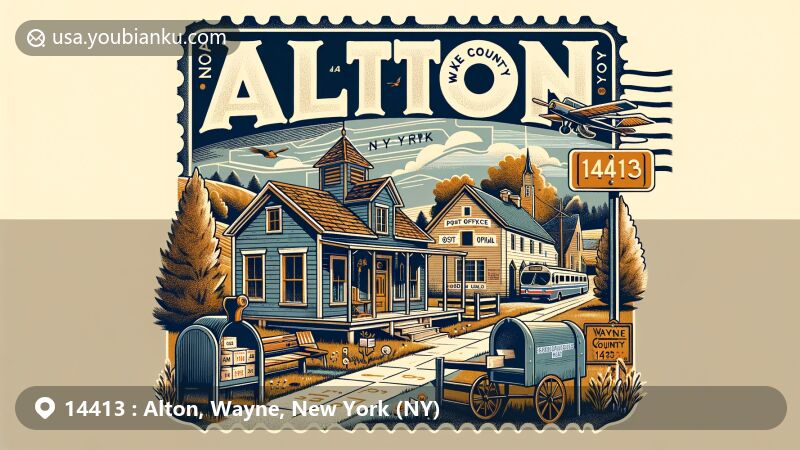 Modern illustration of Alton, Wayne County, New York, highlighting the rural charm, Shaker community heritage, postal elements with ZIP code 14413, and connections to Sodus Bay region.