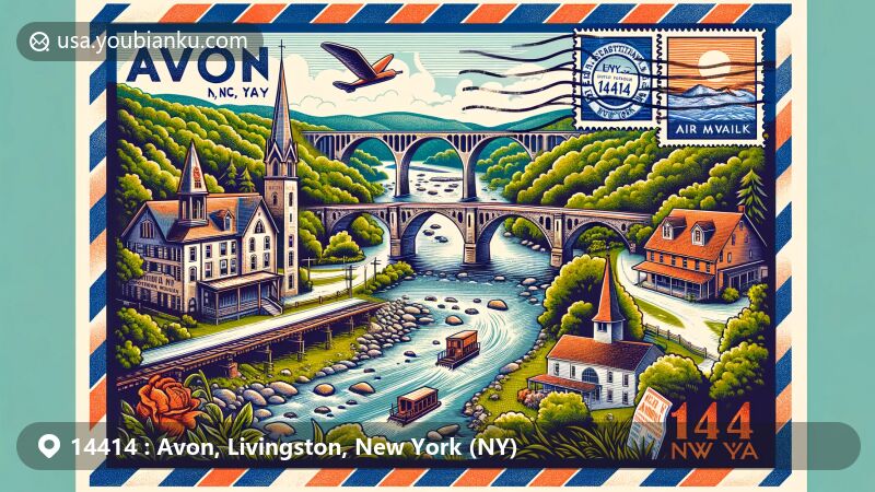 Modern illustration of Avon, New York, showcasing postal theme with ZIP code 14414, featuring Avon Five Arch Bridge, Avon Inn, Erie-Lackawanna Railroad bridge, and First Presbyterian Church of Avon.