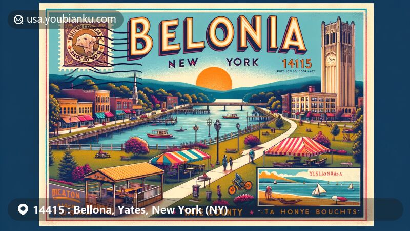 Modern illustration of Bellona, Yates County, New York, vintage postcard theme with ZIP code 14415, showcasing local landmarks, cultural symbols, parks, boutiques, and beaches, capturing the urban convenience and traditional neighborhood vibe.