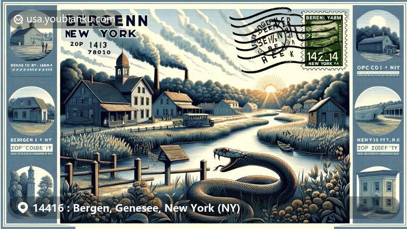 Modern illustration of Bergen, New York, in Genesee County, showcasing ZIP code 14416, integrating geographical, historical, and postal elements with focus on Bergen Swamp and early settlement history.