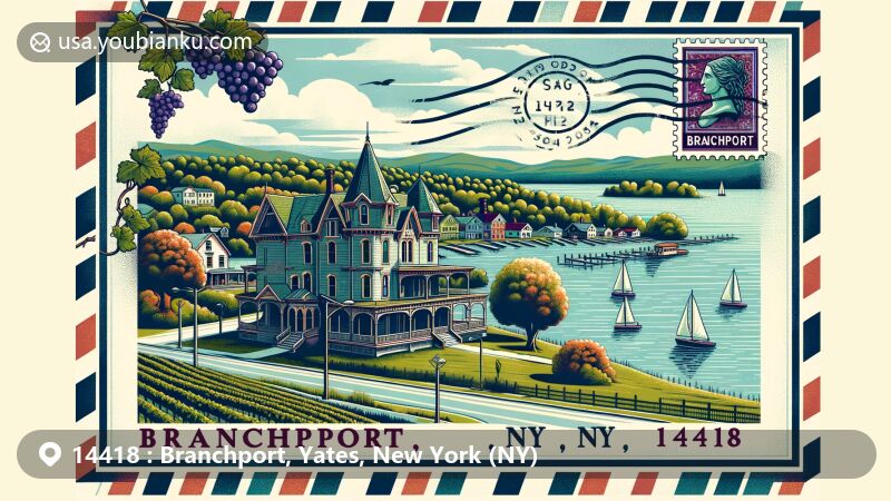 Modern illustration of Branchport, Yates County, New York, highlighting Keuka Lake's iconic Y-shape, with elements representing the Finger Lakes wine region and local history, set against changing seasonal landscapes. Includes postal theme with vintage stamp and postmark featuring 'Branchport, NY 14418', inviting viewers to explore the gateway to Finger Lakes.