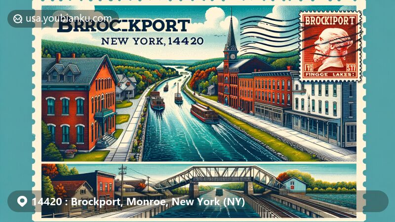 Modern illustration of Brockport, New York, showcasing Erie Canal, Main Street historical buildings, and Morgan-Manning House with postal theme featuring vibrant colors and agricultural revolution symbolism.