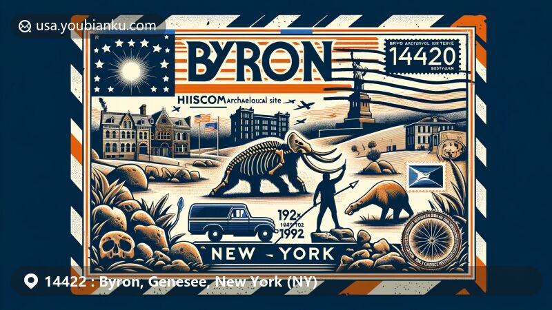 Modern illustration of Byron, Genesee County, New York, featuring Hiscock Archaeological Site, mastodon, paleo-Indian artifacts, New York state flag, and postal elements with ZIP code 14422.