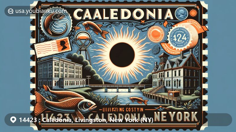 Vintage-style illustration of Caledonia, Livingston, New York, featuring Caledonia Fish Hatchery, Caledonia House Hotel, Clark-Keith House, and 2024 Solar Eclipse theme, blending postal symbols in a postcard layout.