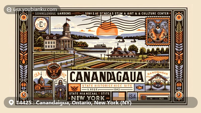 Modern illustration of Canandaigua, Ontario, New York (NY), featuring iconic landmarks like Sonnenberg Gardens, Granger Homestead, Ganondagan State Historic Site & Seneca Art & Culture Center, and Canandaigua City Pier, with postal elements and ZIP Code 14425.
