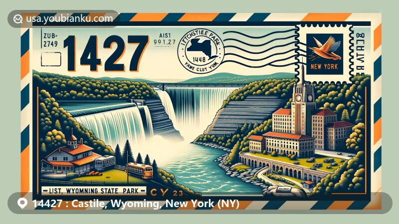 Modern illustration of Castile, Wyoming County, New York, featuring Letchworth State Park with Genesee River gorge, Inspiration Falls, and Glen Iris Inn, showcasing natural beauty and historical significance, including Mount Morris Dam for engineering and flood control achievements, and postal theme with ZIP code 14427, New York state flag and Wyoming County shape.