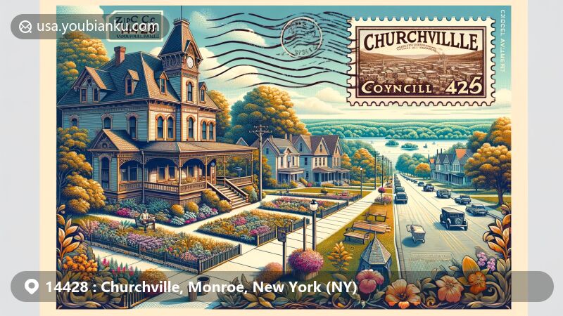 Vintage postcard illustration of Churchville, NY in Monroe County, showcasing ZIP code 14428 and local landmarks, blending Victorian charm with modern elements.