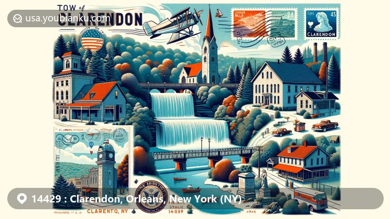 Modern illustration of Clarendon, Orleans County, New York, featuring picturesque Clarendon Falls in a park setting with bridges and trees, incorporating elements like Robinson Cemetery with 1812 War and American Revolutionary War figures, Farwell's Mills ruins, and postal theme with classic airmail envelope, local landmark stamps, 'Clarendon, NY 14429' postmark, and vintage mailbox or postal vehicle.