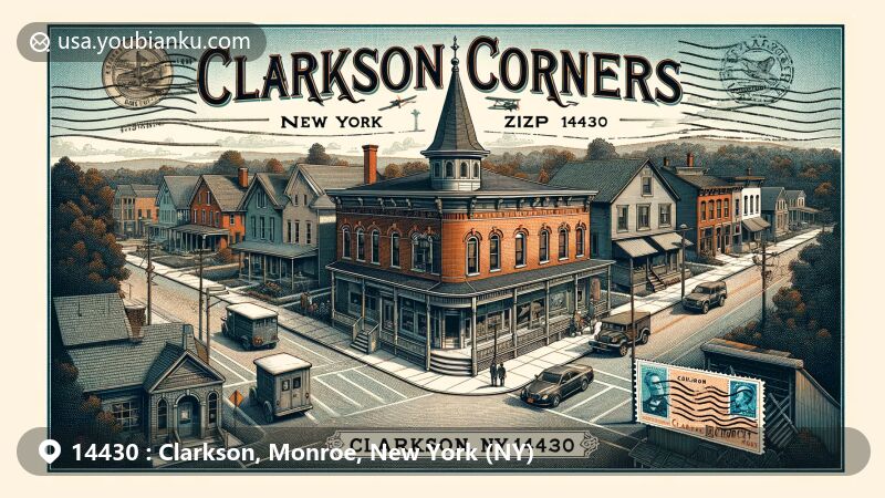 Modern illustration of Clarkson, New York, showcasing historic crossroads community with Clarkson Corners Historic District, featuring diverse architecture styles and vintage postal theme with 'Clarkson, NY 14430' postmark.