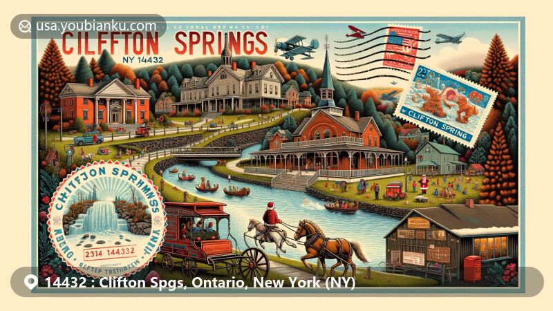 Modern illustration of Clifton Springs, New York, capturing the essence of the historic sanitarium with sulfur springs, Foster Cottage Museum, and the annual Festival of Lights event. The artwork features postal elements like an airmail envelope and vintage stamps, emphasizing cultural and historical significance.