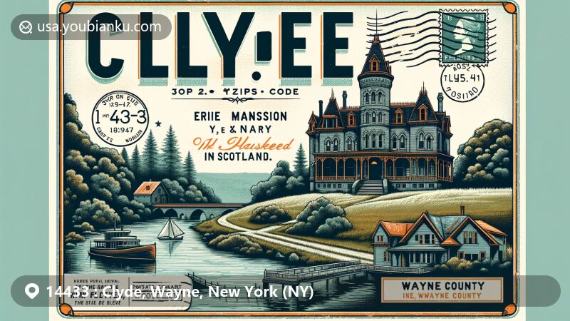 Illustration of Clyde, NY, Wayne County, showcasing Erie Mansion with historic and possibly haunted charm, modern elements reflecting Clyde River, vintage postcard format with postal marks for ZIP code 14433.