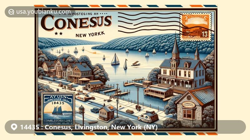 Modern illustration of Conesus, Livingston County, New York, showcasing postal theme with ZIP code 14435, featuring Conesus Lake, historic buildings, and Marrowback Hills.