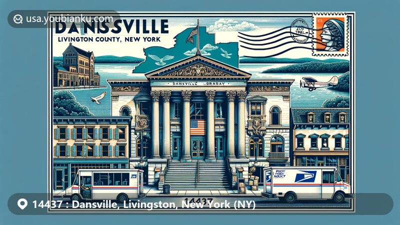 Modern illustration of Dansville Downtown Historic District in Livingston County, New York, featuring Greek Revival and Classical Revival architecture, Dansville Library, and US Post Office. Includes New York State flag, Livingston County outline, postal elements with ZIP code 14437.
