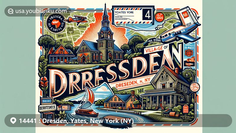 Modern illustration of Dresden, Yates County, New York, showcasing postal theme with ZIP code 14441, featuring Seneca Lake and Robert Ingersoll Birthplace Museum.