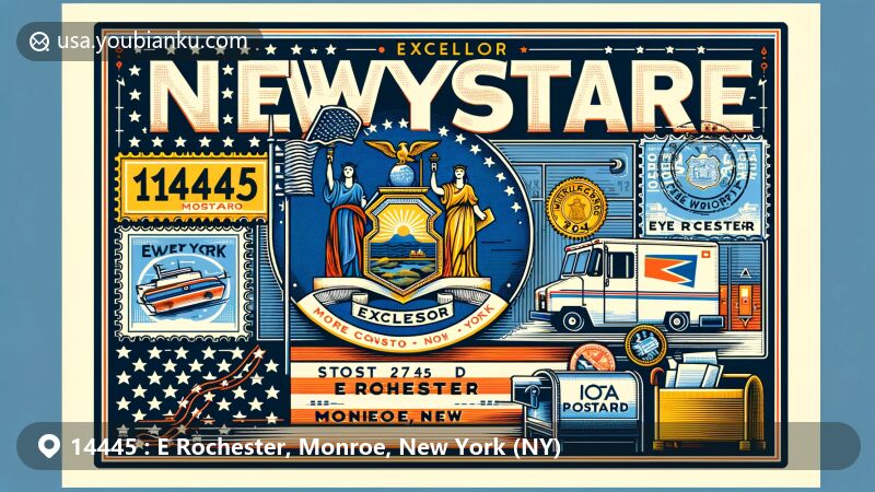 Modern illustration of E Rochester, Monroe, New York, showcasing New York state flag with postal theme and ZIP code 14445, featuring postcard background, stamps, postmark, mailbox, and mail truck.