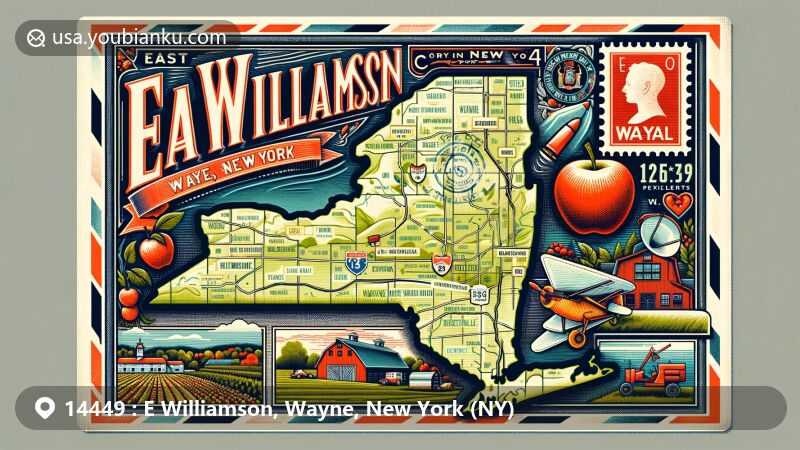 Modern illustration of East Williamson, Wayne County, New York, highlighting historic Pultneyville area with War of 1812 significance and rich apple farming heritage, incorporating vintage airmail theme with ZIP code 14449.