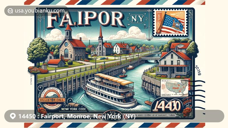 Modern illustration of Fairport, New York, in Monroe County, showcasing Erie Canal's importance and recreational use, with historic landmarks like First Baptist Church, Wilbur House, and DeLand Houses, in a postcard design featuring '14450' ZIP code stamp and Fairport, NY postmark.
