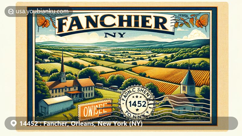 Modern illustration of Fancher, NY area, ZIP code 14452, portraying rural scenery of Orleans County with lush green hills and elements of Medina Sandstone. Vintage postal theme with decorative postage stamp and postmark adding a historic touch.