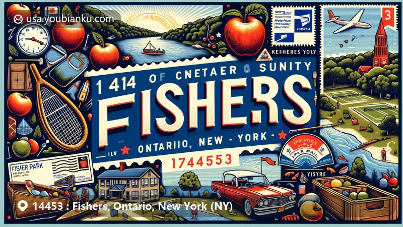 Modern illustration of Fishers area in Ontario County, New York, capturing the essence of community life and outdoor activities at Fishers Park, showcasing its connection to nature and the New York apple industry, featuring vintage postal design with ZIP code 14453.