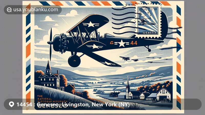 Modern illustration of Geneseo, NY 14454 postal code showcasing National Warplane Museum, historic significance like Main Street, Genesee Valley's natural beauty, and postal elements with ZIP code 14454.