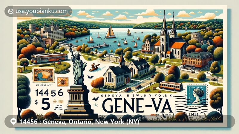 Modern illustration of Geneva, New York, blending natural beauty of Seneca Lake and historical buildings like First Baptist Church and Geneva Armory, including 'Lady of Peace' statue in Pulteney Park. Features ZIP Code '14456' and postal elements, showcasing rich history and postal culture.