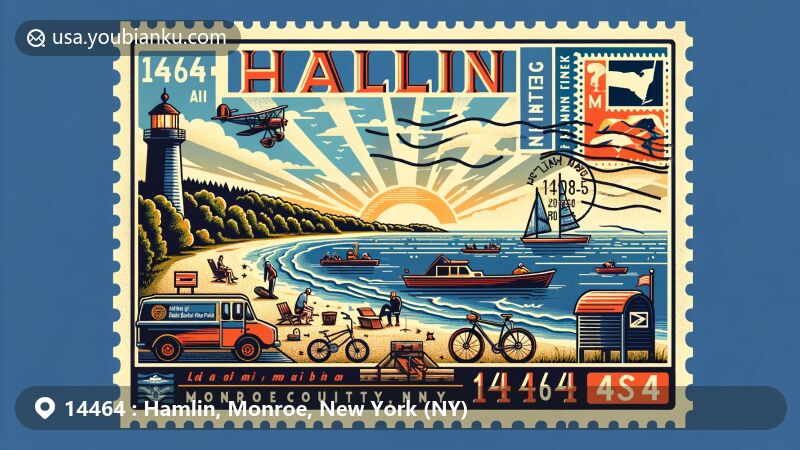 Modern illustration of Hamlin, Monroe County, New York, highlighting postal theme with ZIP code 14464, featuring Lake Ontario shoreline, Hamlin Beach State Park, Devil's Nose, outdoor activities, and vintage postal elements.