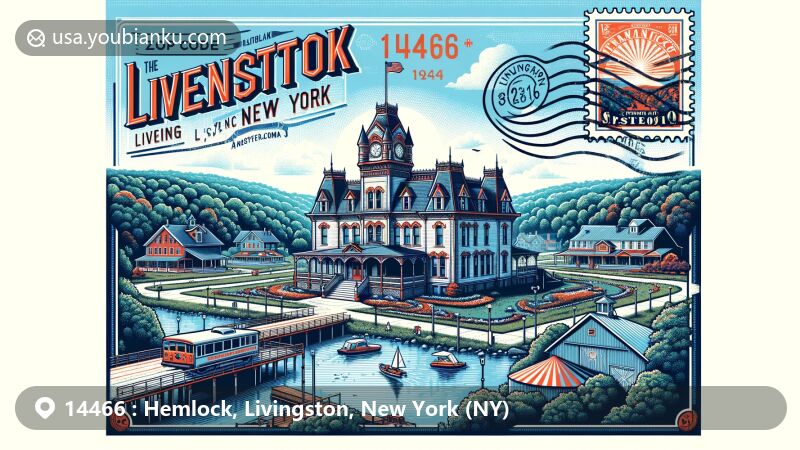 Modern illustration of Hemlock, Livingston County, New York, showcasing postal theme with ZIP code 14466, featuring Hemlock Fairground's historic architecture and Hemlock-Canadice State Forest's natural beauty.