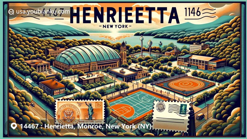 Modern illustration of Henrietta, Monroe County, New York, highlighting Tinker Nature Park, Hansen Nature Center, and Dome Arena, integrated with vintage postal elements featuring '14467' ZIP code.