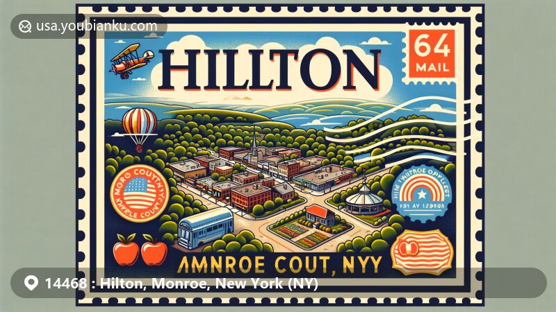 Modern illustration of Hilton Village, Monroe County, New York, highlighting ZIP code 14468 with creative postal theme including Apple Fest element and vintage stamps of state and local symbols.