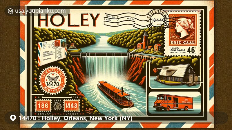 Modern illustration of Holley area in Orleans County, New York showcasing Holley Canal Falls with red iron-rich soil and lush green vegetation, symbolizing natural beauty. Includes elements of Erie Canal history like an old canal lock or boat, representing its pivotal role in village development, designed in retro postcard or airmail envelope style featuring postal marks, Erie Canal-themed stamp, prominent 14470 ZIP code, and a mailbox or postal truck to complete the postal theme.