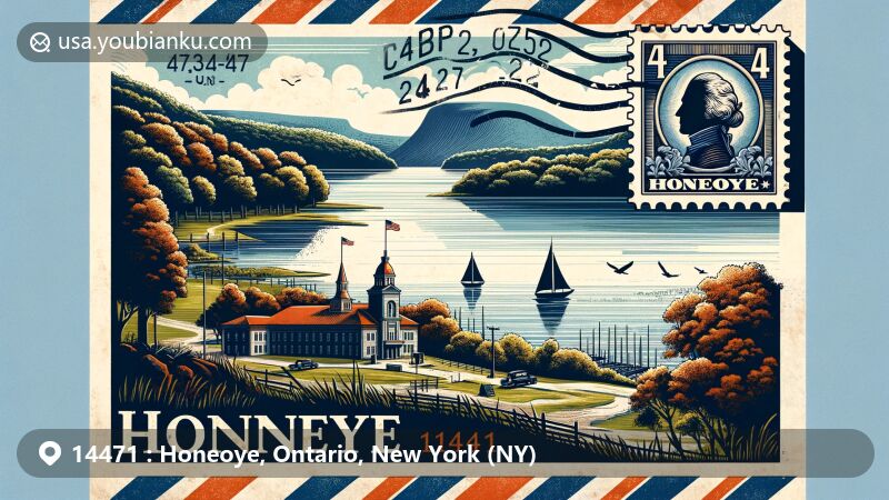 Modern illustration of Honeoye, Ontario County, New York, showcasing postal theme with ZIP code 14471, featuring iconic Honeoye Lake and references to American Revolution, outdoor life, and scenic landscapes.