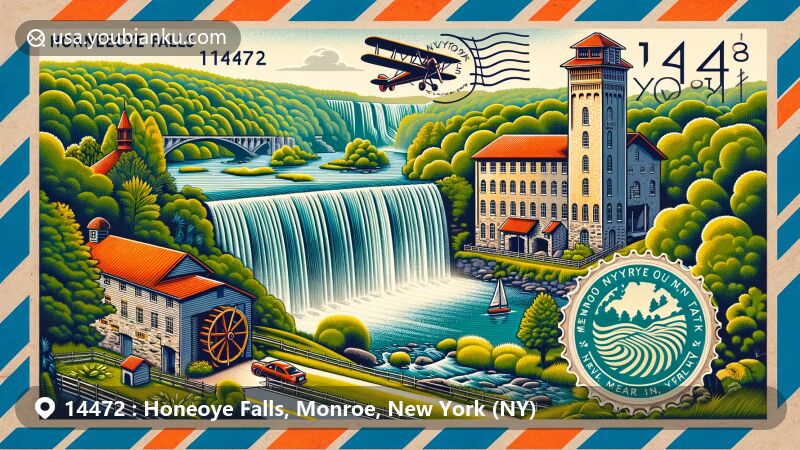 Modern illustration of Honeoye Falls, Monroe County, New York, showcasing postal theme with ZIP code 14472, featuring iconic waterfall, The Lower Mill historic site, and lush greenery.