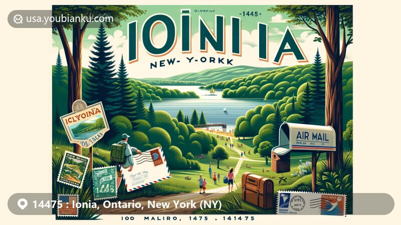 Modern illustration of Ionia, New York, showcasing lush forests, tranquil lakes, vintage postcard, air mail envelope, and postal stamps with ZIP code 14475, depicting outdoor activities and small-town charm.
