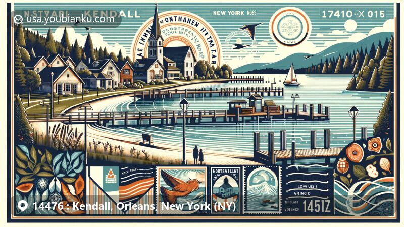 Illustration of Kendall, New York, in Orleans County, showcasing postal theme with ZIP code 14476, featuring Lake Ontario and Norwegian heritage symbols.