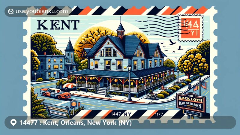 Modern illustration of Kent, Orleans County, New York, showcasing postal theme with ZIP code 14477, featuring natural beauty, outdoor activities, and historic Black North Inn since 1857.