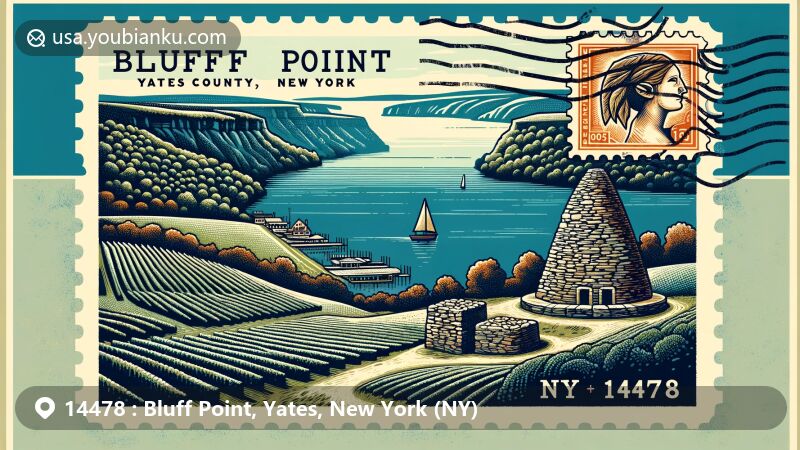 Modern illustration of Bluff Point, Yates, New York (NY) for ZIP code 14478, featuring Keuka Lake, Bluff Point Stoneworks, vineyards, postcard layout with postage stamp, postal mark, and envelope edge, in green, blue, and earth tones reflecting Finger Lakes natural beauty.