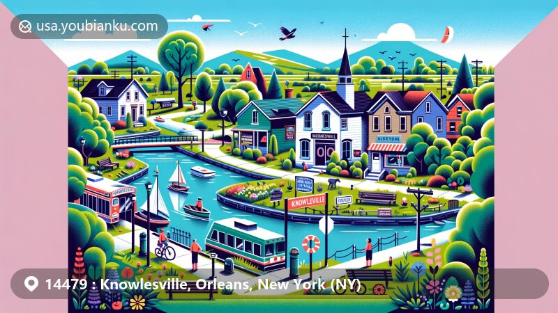 Wide format illustration of Knowlesville, Orleans County, New York, featuring Erie Canal, local flora and fauna, small post office, and vibrant community atmosphere.