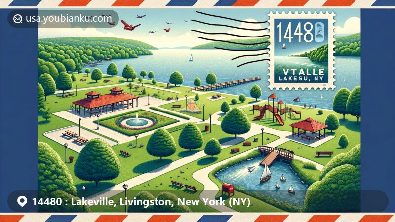 Modern illustration of Lakeville, Livingston County, New York, showcasing postal theme with ZIP code 14480, featuring Vitale Park along Conesus Lake with green spaces, playground, picnic areas, and postal elements.
