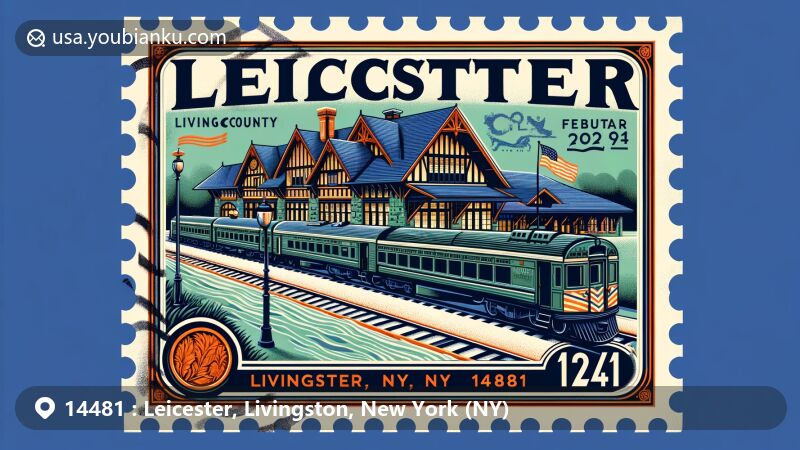 Modern illustration of Leicester, Livingston County, New York, highlighting historic railway station, Genesee River elements, and traditional postal theme with ZIP code 14481, showcasing Arts and Crafts architecture and local natural beauty.