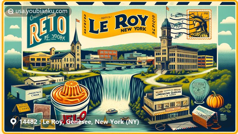 Modern illustration of Le Roy, New York, highlighting Jell-O Museum, Oatka Creek, limestone quarrying industry, and vintage postal theme with ZIP code 14482.