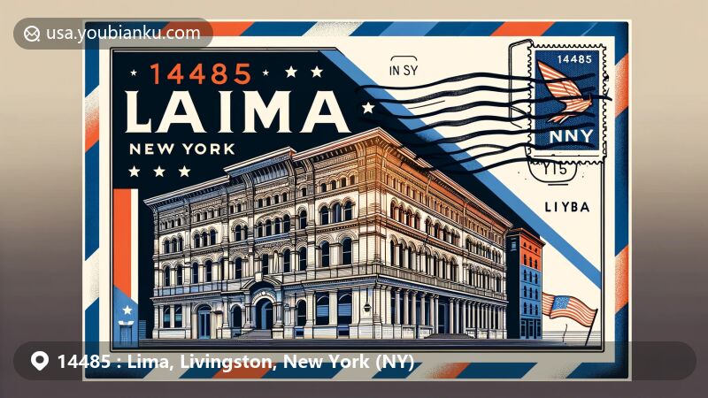 Illustration of Lima Village Historic District, Lima, Livingston, New York, showcasing iconic architecture or skyline, set in the center of an airmail envelope.