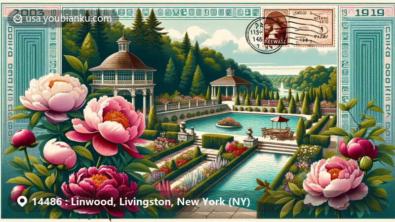 Modern illustration of Linwood Gardens in Linwood, NY, featuring Japanese and American tree peonies, Arts and Crafts design elements, including a summerhouse and walled gardens with pools and fountains, postal theme with vintage postcard border, antique postage stamp with ZIP code 14486, and postal mark, showcasing natural beauty and historic charm.
